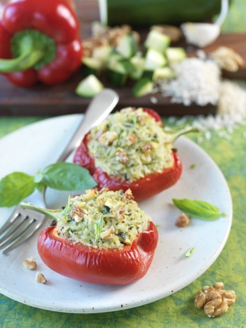 Poivrons farcis : riz, courgette et fromage de chèvre